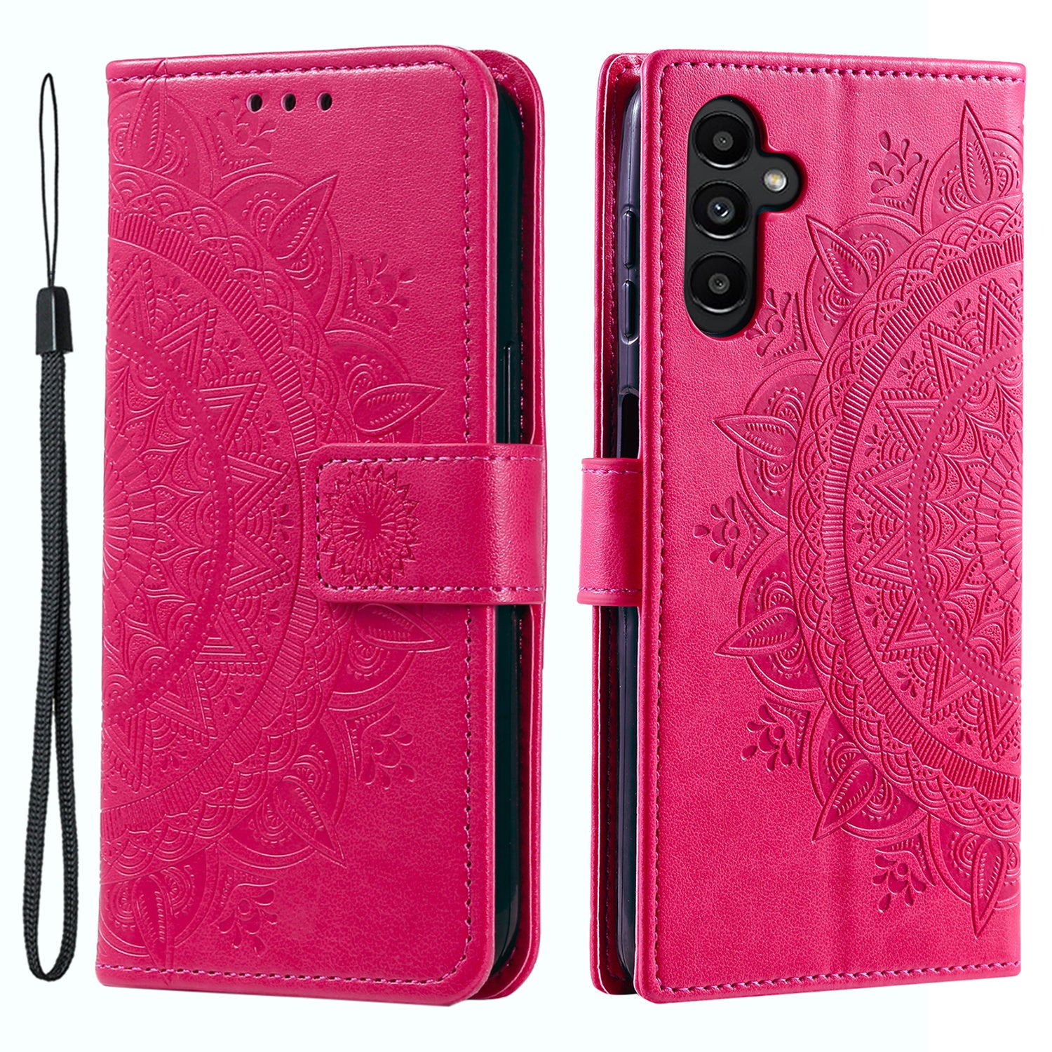 For Samsung Galaxy S23 FE Anti-Scratch PU Leather Cover Imprinted Mandala Flower Wallet Phone Stand Case with Strap