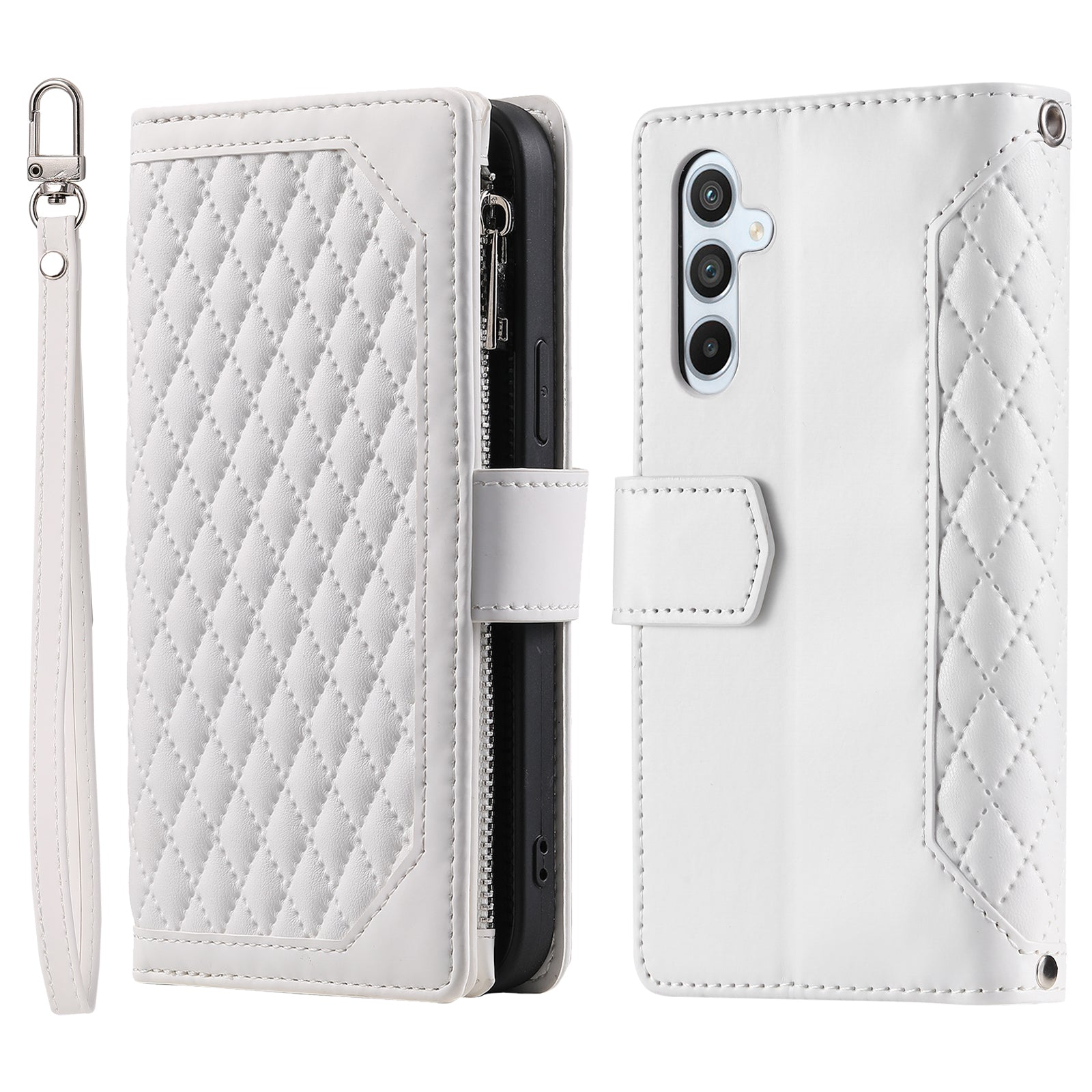 For Samsung Galaxy S23 FE PU Leather Phone Case Shell Rhombus Texture Zipper Pocket Wallet Stand Cover