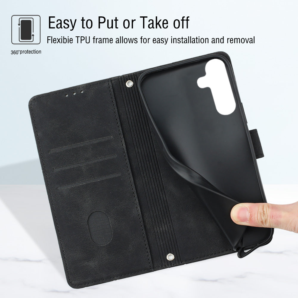 PT005 YB Imprinting Series-7 for Samsung Galaxy S23 FE Skin-touch Leather Wallet Cover Stand Phone Case with Shoulder Strap