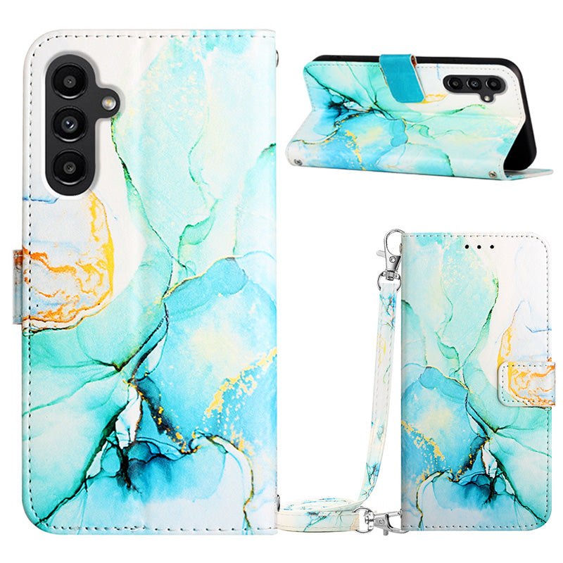YB Pattern Printing Leather Series-6 For Samsung Galaxy S23 FE Marble Pattern Phone Cover Stand Wallet Case with Long Strap