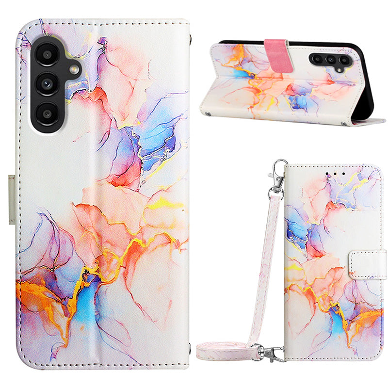 YB Pattern Printing Leather Series-6 For Samsung Galaxy S23 FE Marble Pattern Phone Cover Stand Wallet Case with Long Strap