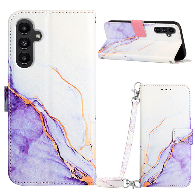 YB Pattern Printing Leather Series-6 For Samsung Galaxy S23 FE Marble Pattern Phone Cover Stand Wallet Case with Long Strap