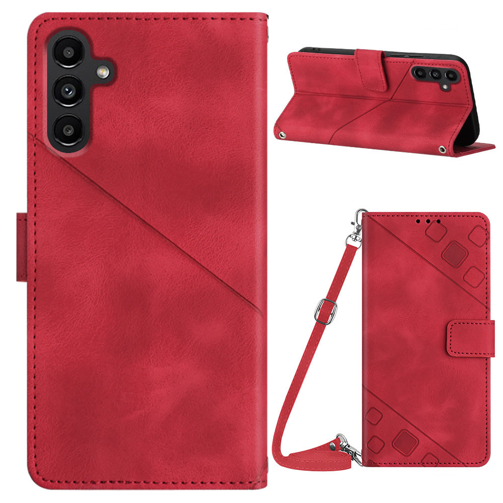 PT005 YB Imprinting Series-7 for Samsung Galaxy A25 5G A24 4G Stand Phone Case Skin-touch Leather Wallet Cover with Shoulder Strap