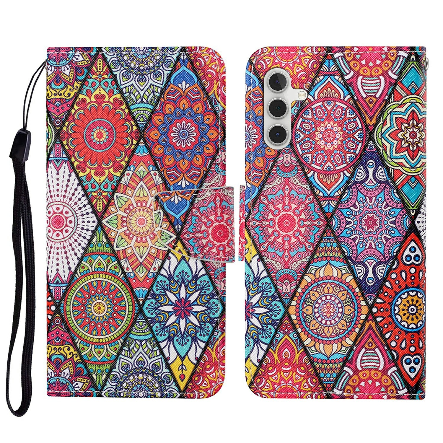 Pattern Printing PU Leather Cover for Samsung Galaxy S23 FE Cross Texture Wallet Phone Case with Strap