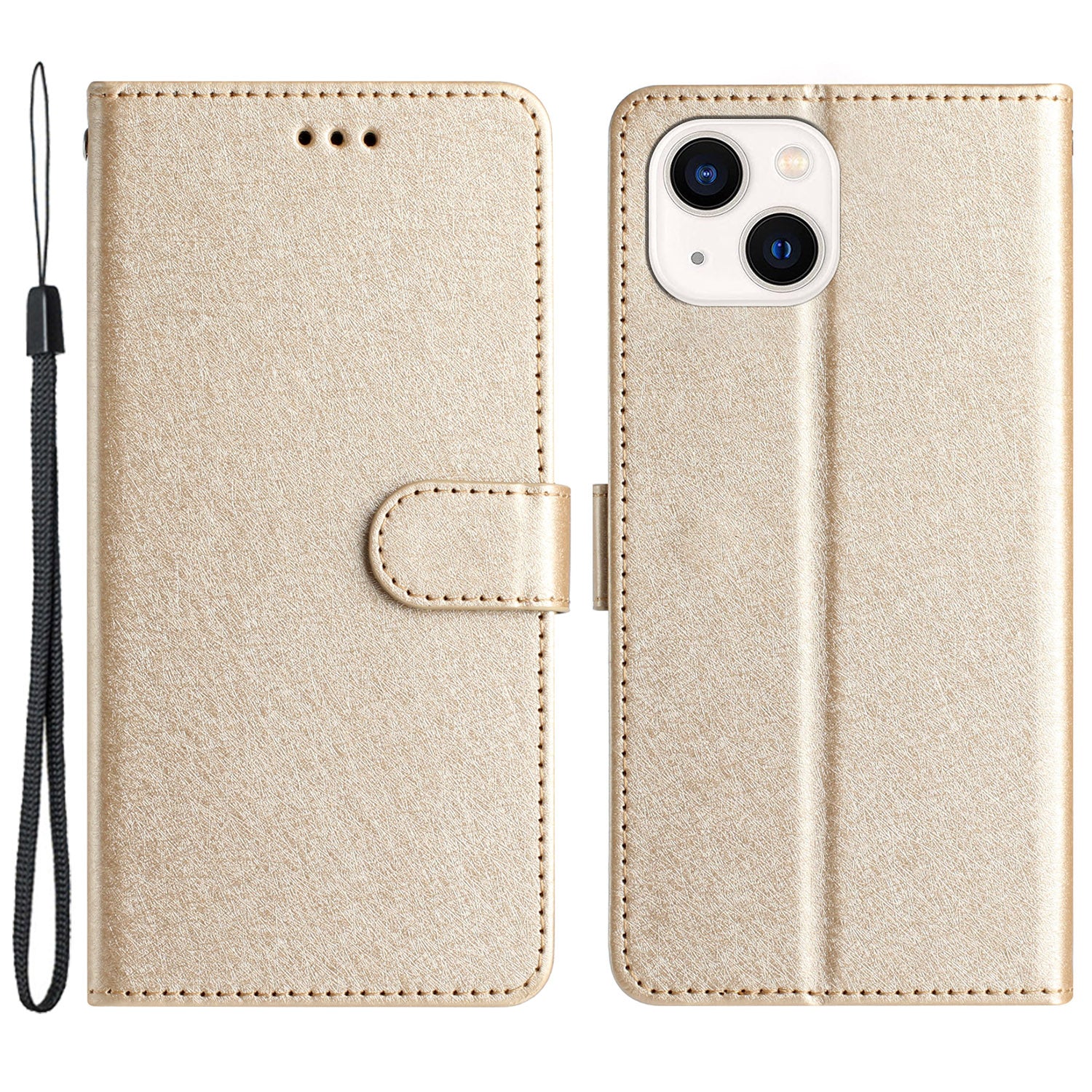 Phone Stand Cover for iPhone 14 PU Leather Silk Texture Fully Wrapped Wallet Case with Wrist Strap