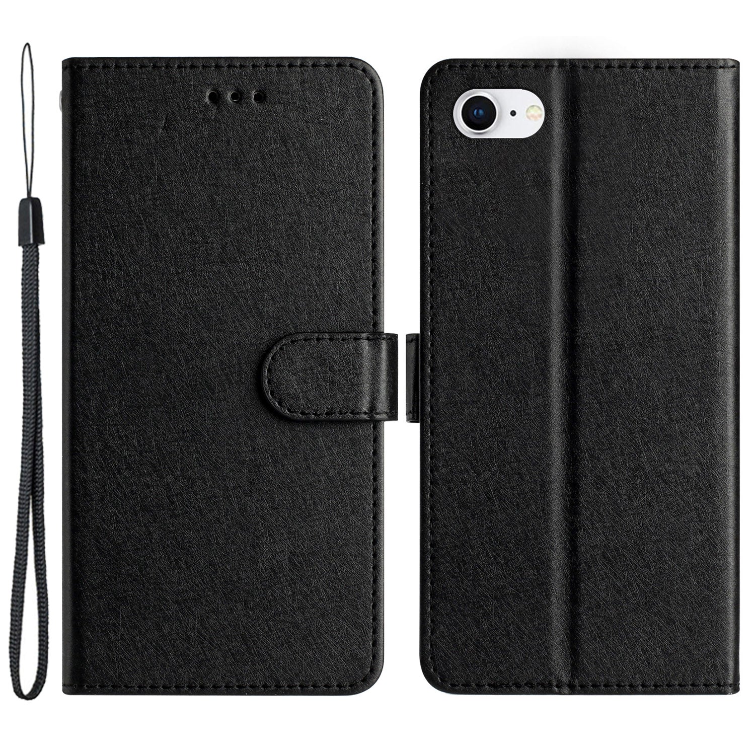 For iPhone 6/6s/7/8/SE (2020)/SE (2022) Phone Stand PU Leather Cover Silk Texture Wallet Case with Wrist Strap
