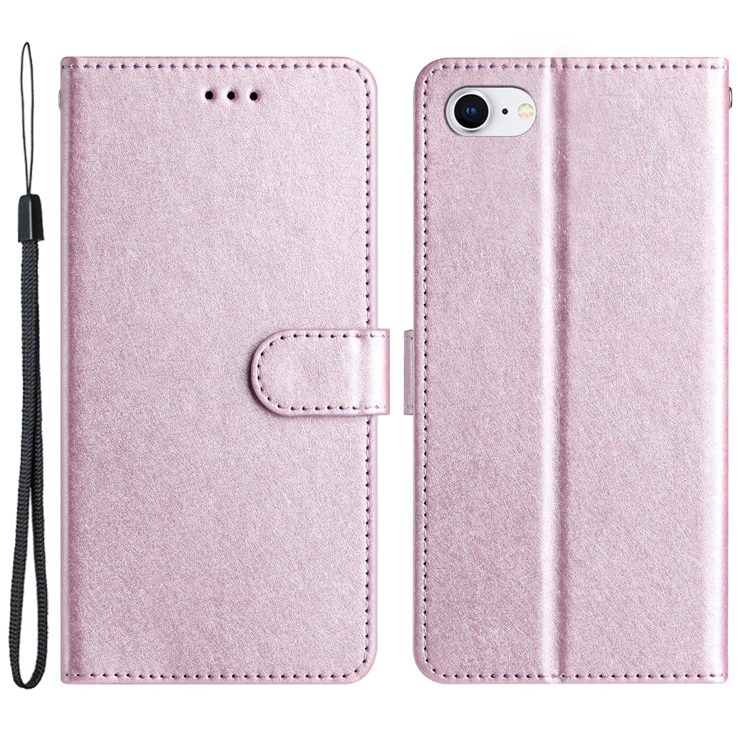 For iPhone 6/6s/7/8/SE (2020)/SE (2022) Phone Stand PU Leather Cover Silk Texture Wallet Case with Wrist Strap