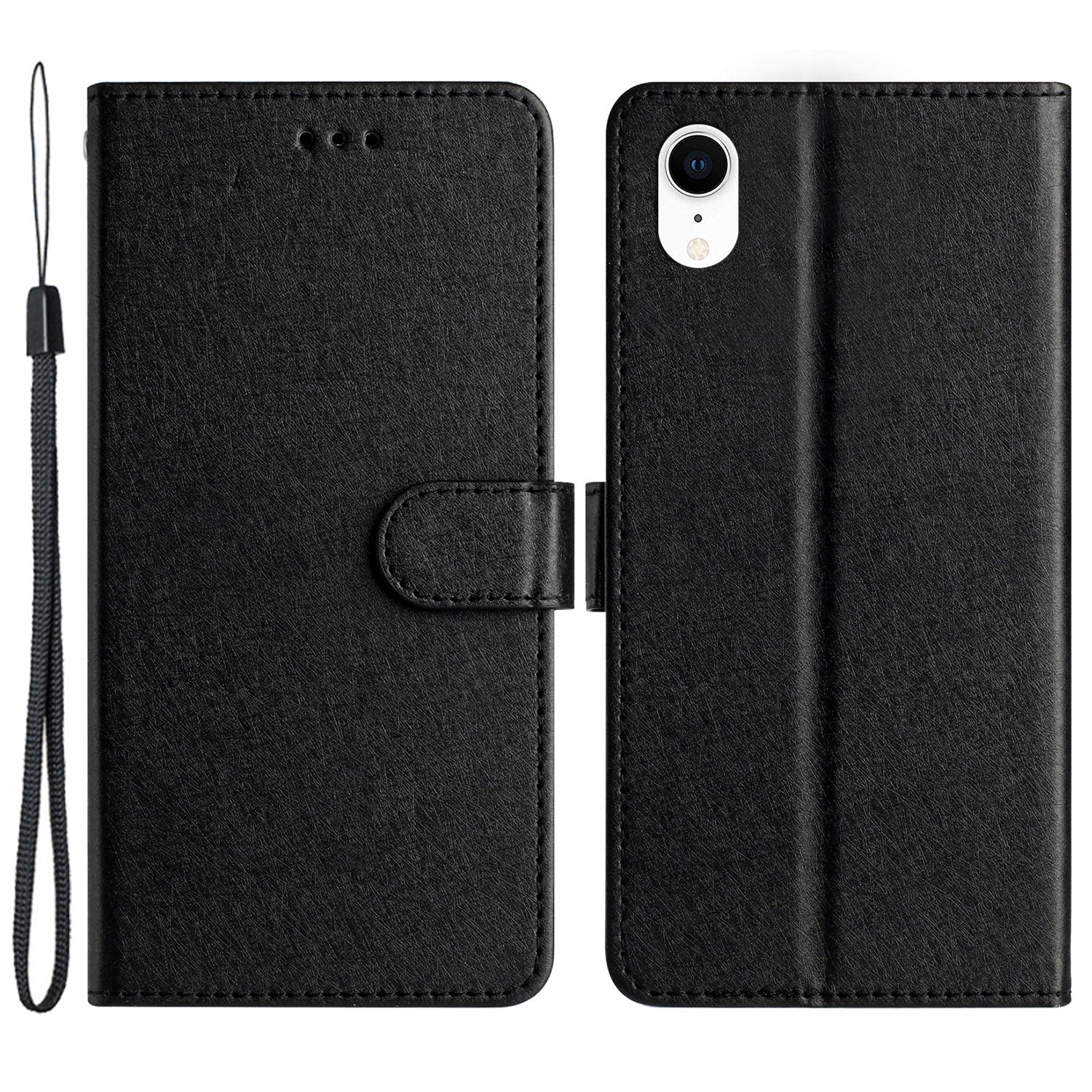 Wallet Case for iPhone XR 6.1 inch Silk Texture PU Leather Phone Stand Cover with Wrist Strap
