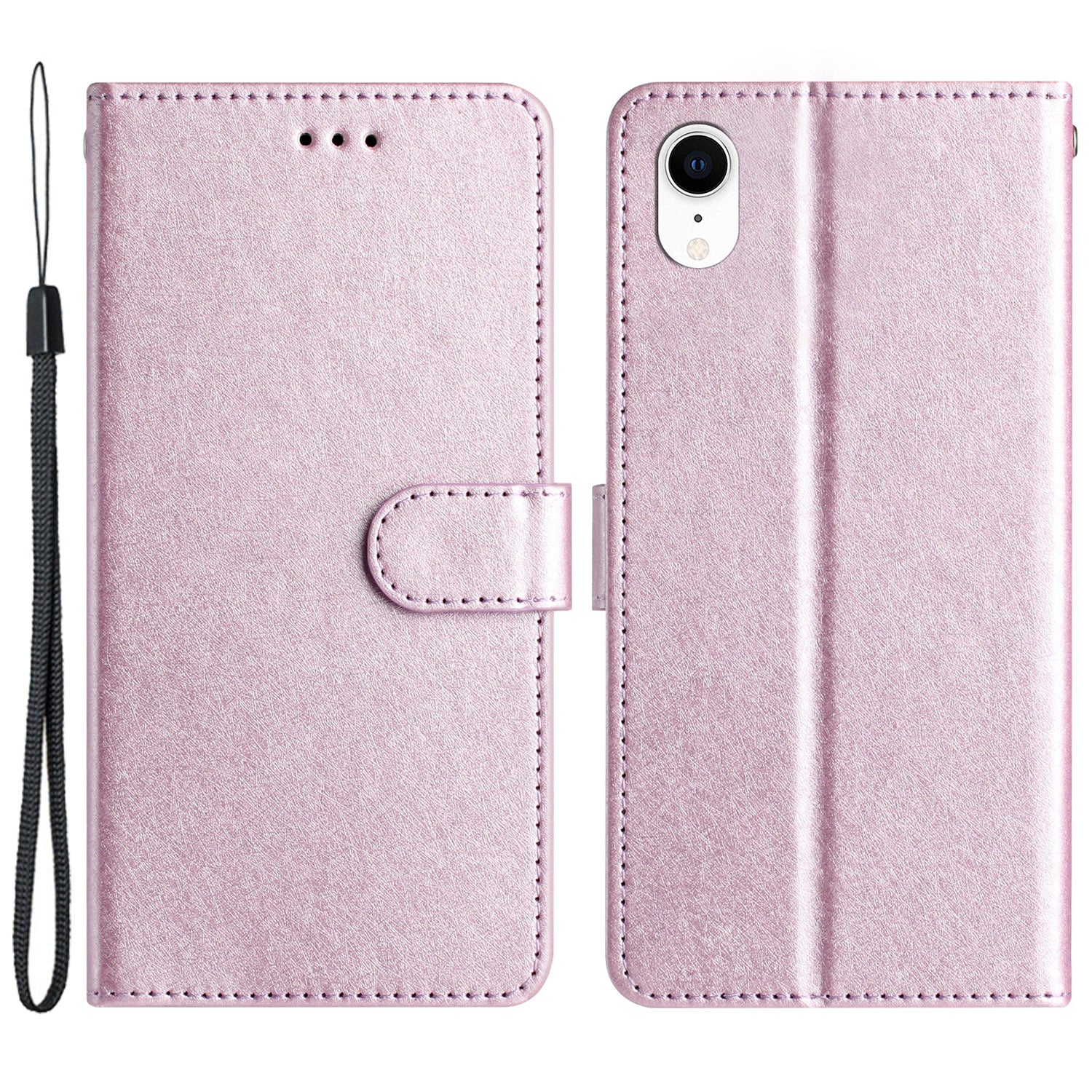 Wallet Case for iPhone XR 6.1 inch Silk Texture PU Leather Phone Stand Cover with Wrist Strap