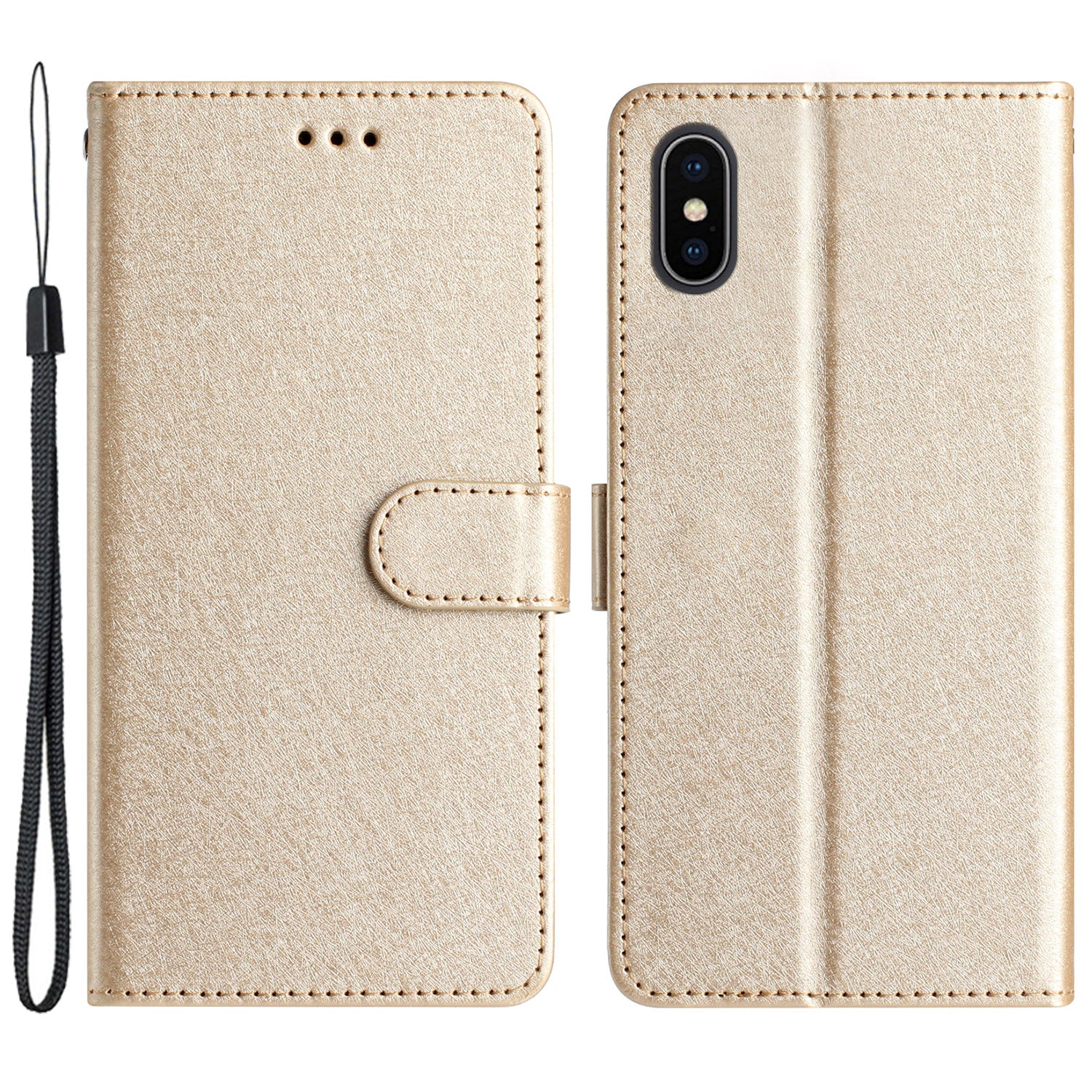 Stødsikker etui til iPhone XS Max 6,5 tommer Silk Texture Pung Telefonholder PU Lædercover med håndledsrem