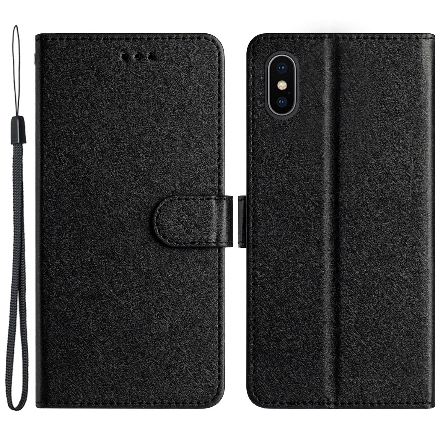 Stødsikker etui til iPhone XS Max 6,5 tommer Silk Texture Pung Telefonholder PU Lædercover med håndledsrem