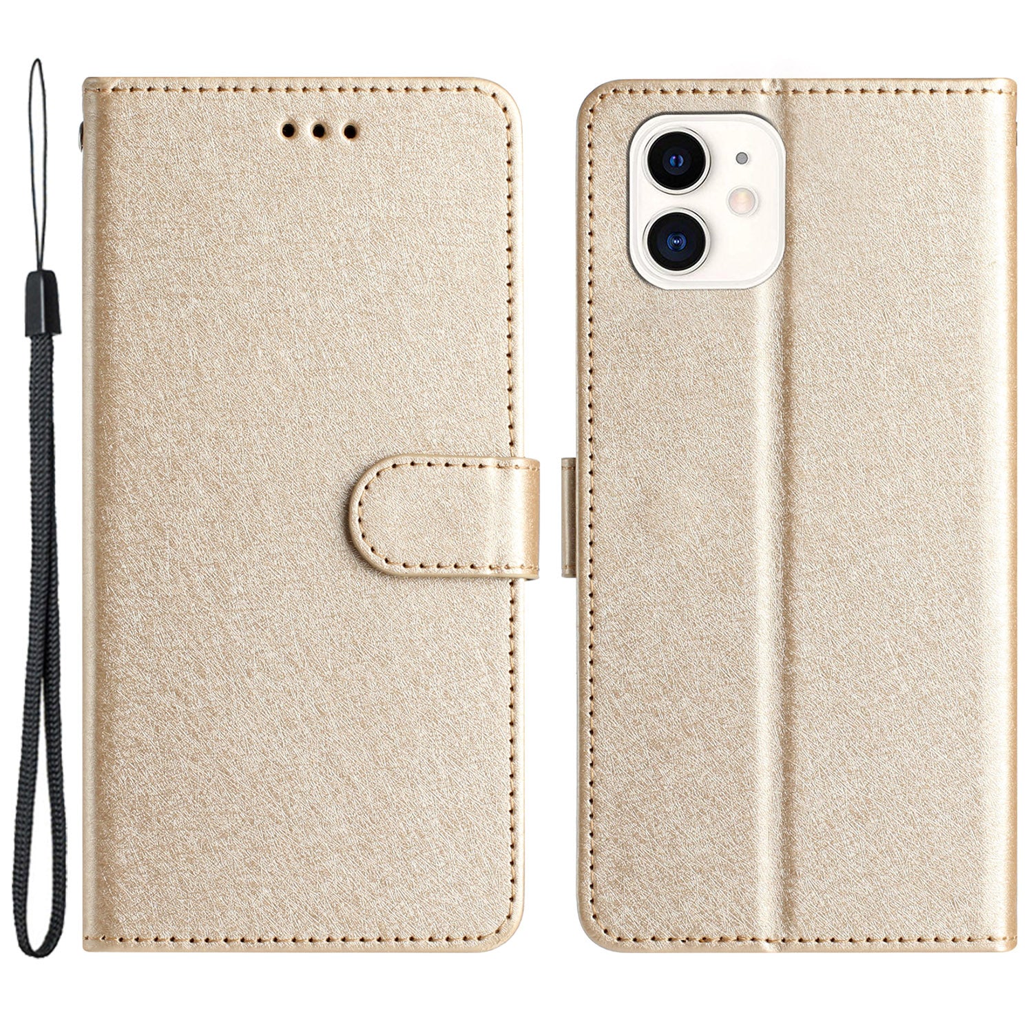 Anti-scratch Case for iPhone 11 Silk Texture PU Leather Wallet Phone Stand Cover with Wrist Strap