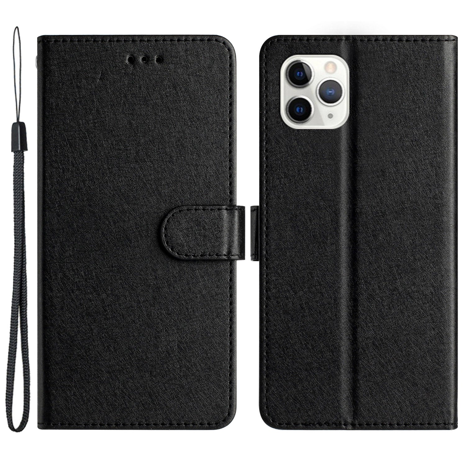 Flip Case for iPhone 11 Pro Max Silk Texture PU Leather Wallet Phone Foldable Stand Cover with Wrist Strap