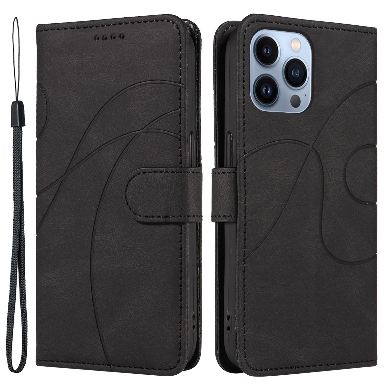 For iPhone 13 Pro Max Leather Flip Case Imprinted Line Stand Wallet Phone Cover with Strap