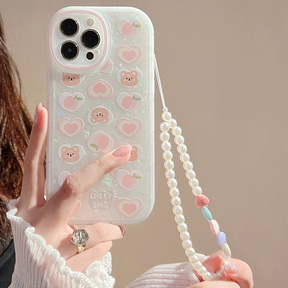 Phone Cover for iPhone 12 Pro Peach Heart Bear Pattern Decor Phone Shell TPU Phone Case with Pearl Chain