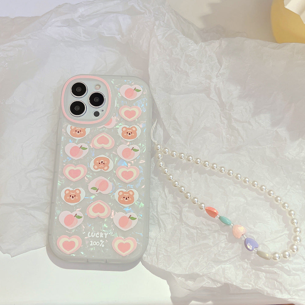 Phone Cover for iPhone 12 Pro Peach Heart Bear Pattern Decor Phone Shell TPU Phone Case with Pearl Chain