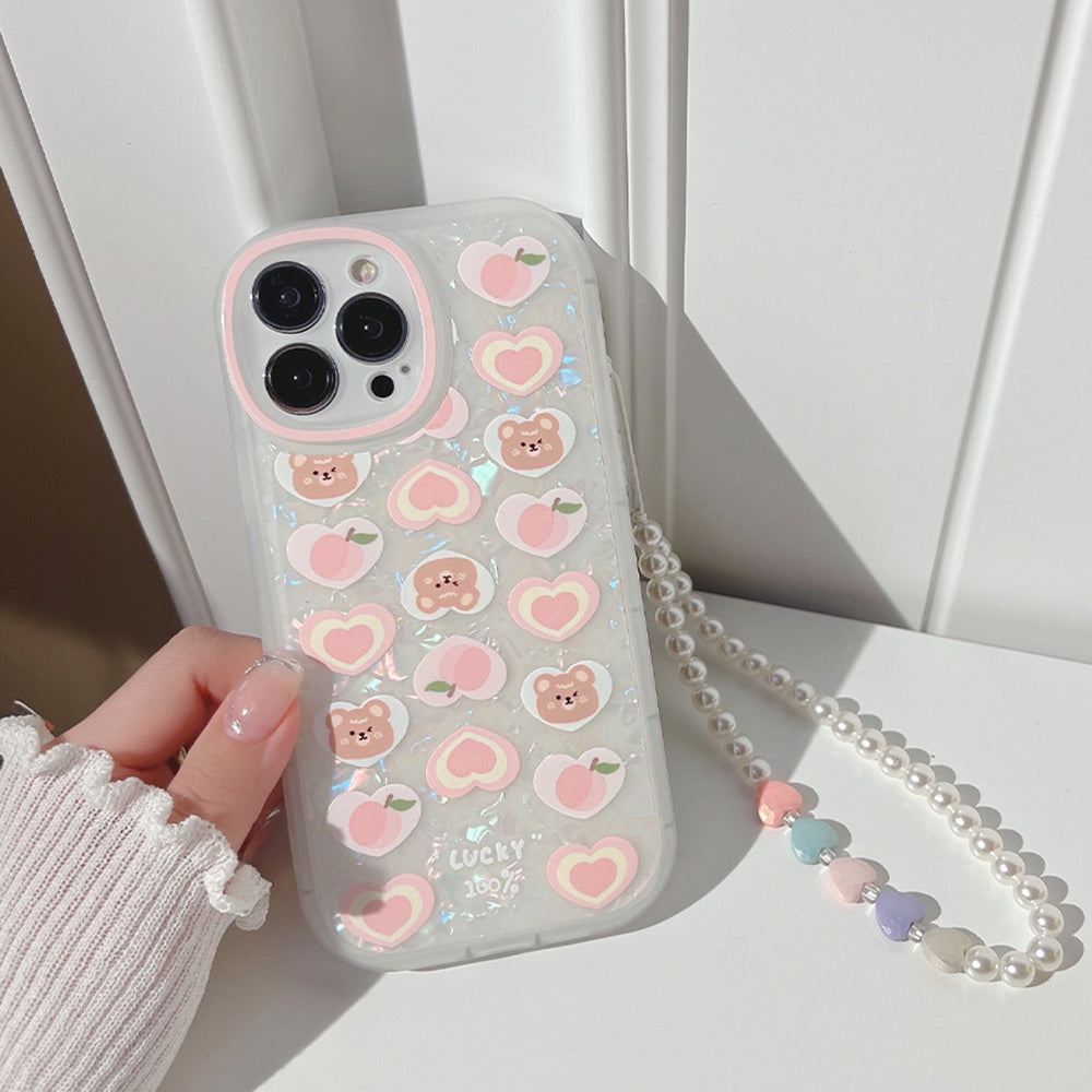 Phone Cover for iPhone 12 Pro Peach Heart Bear Pattern Decor Phone Shell TPU Phone Case with Pearl Chain