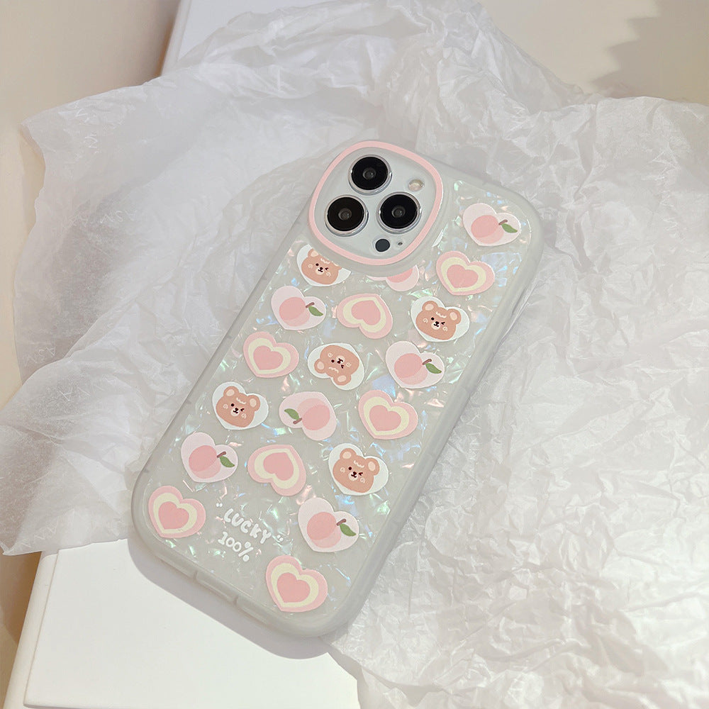 Phone Cover for iPhone 12 Pro Peach Heart Bear Pattern Decor Phone Shell TPU Phone Case with Pearl Chain