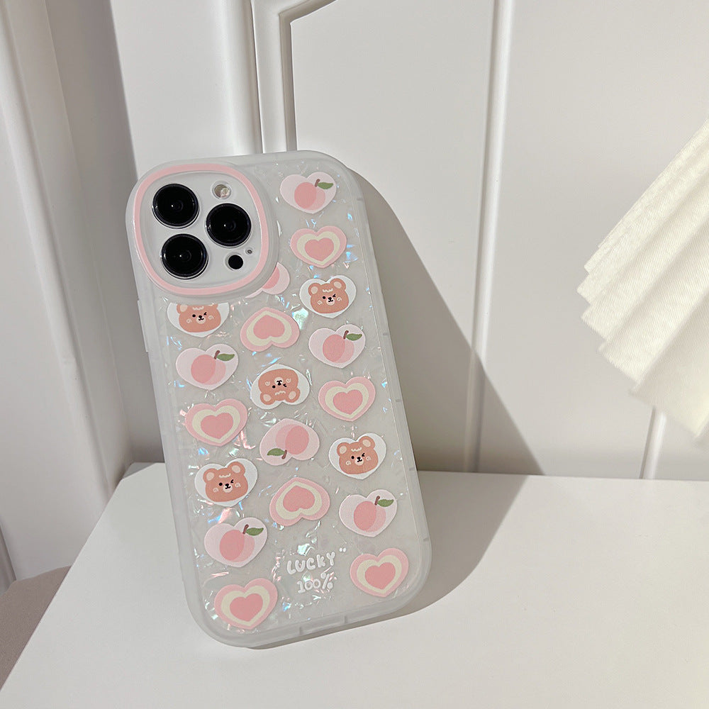 Phone Cover for iPhone 12 Pro Peach Heart Bear Pattern Decor Phone Shell TPU Phone Case with Pearl Chain