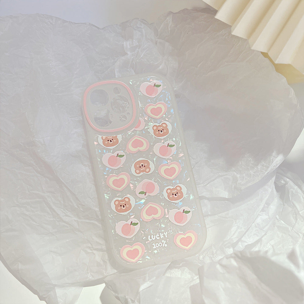 Til iPhone 14 Pro Peach Bear Pattern Decor Phone Shell Fleksibelt TPU-telefoncover med perlekæde