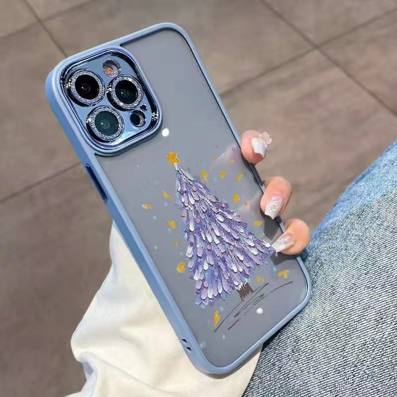 For iPhone 12 Pro TPU Christmas Tree Pattern Case Glitter Sparkle Camera Ring Phone Cover with Lens Film