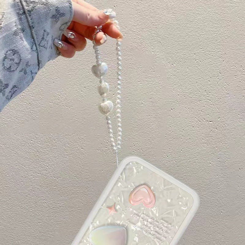 For iPhone 14 Pro Max Soft TPU Phone Case Anti-Scratch Heart Decor Phone Cover with Hand Strap
