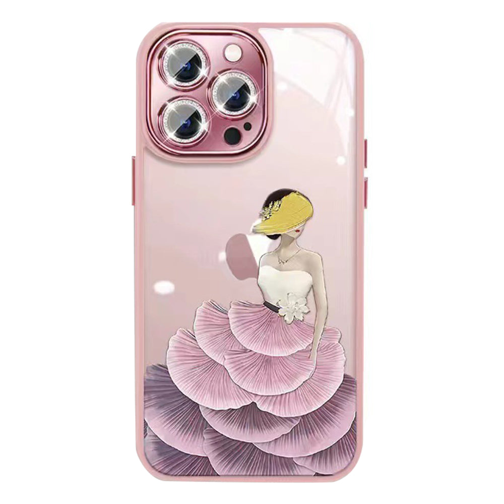 For iPhone 13 Pro Beauty Pattern Printing Phone Case TPU Tempered Glass Cover with Glitter Lens Protector