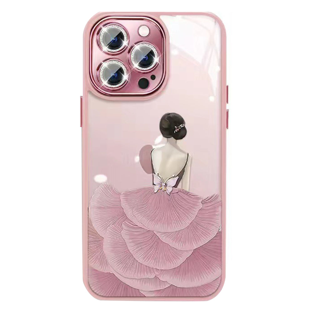 For iPhone 12 Pro Beauty Pattern Phone Cover TPU Frame Tempered Glass Back Case with Glitter Lens Protector