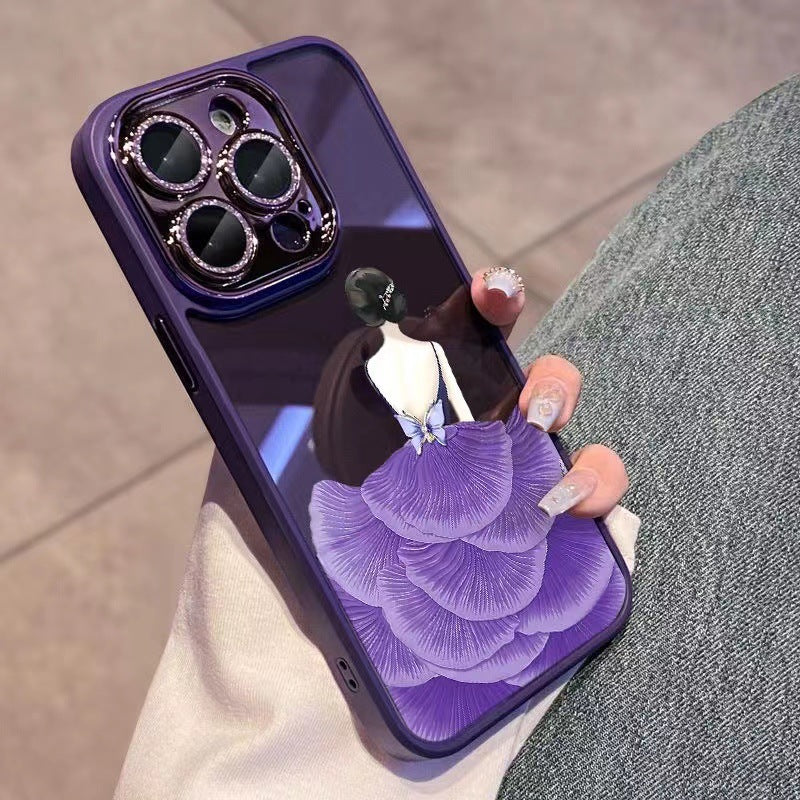 For iPhone 12 Pro Beauty Pattern Phone Cover TPU Frame Tempered Glass Back Case with Glitter Lens Protector