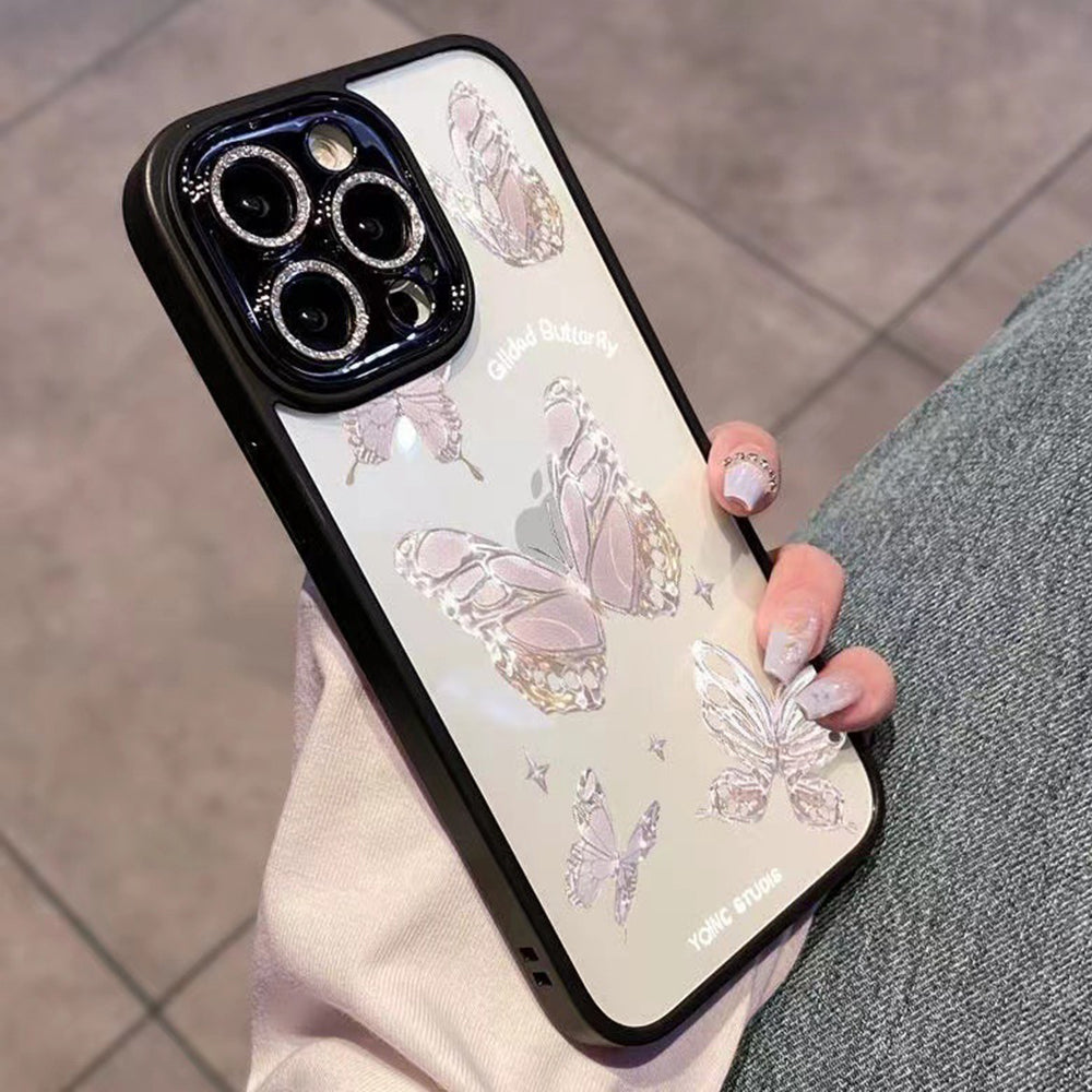 For iPhone 12 Pro Anti-Fingerprint Phone Shell Platinum Butterfly Glass TPU Phone Case Glittery Powder Shell