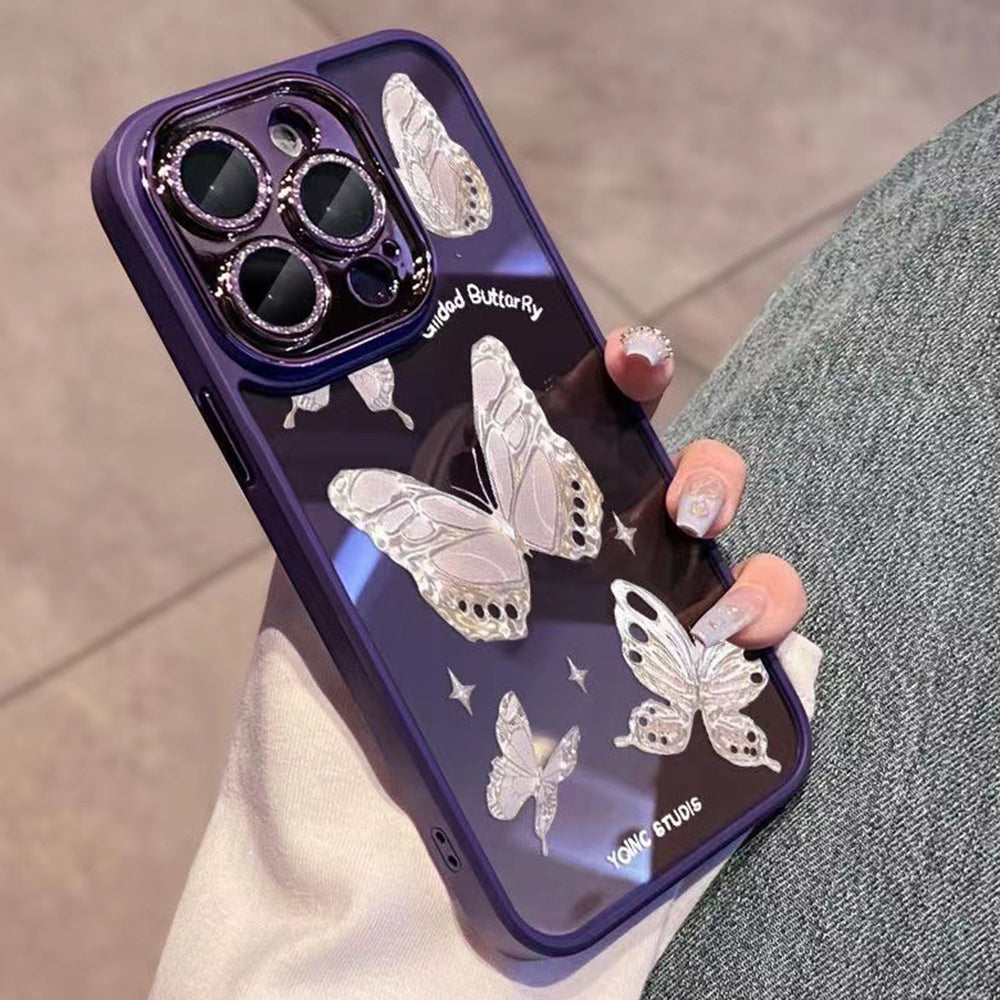 For iPhone 14 Pro Max Anti-Scratch Phone Shell Butterfly Pattern Glass TPU Phone Case with Glittery Powder Decor