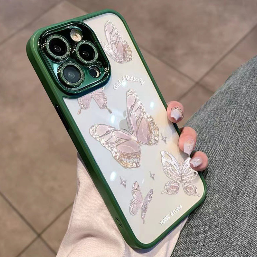 For iPhone 14 Pro Max Anti-Scratch Phone Shell Butterfly Pattern Glass TPU Phone Case with Glittery Powder Decor