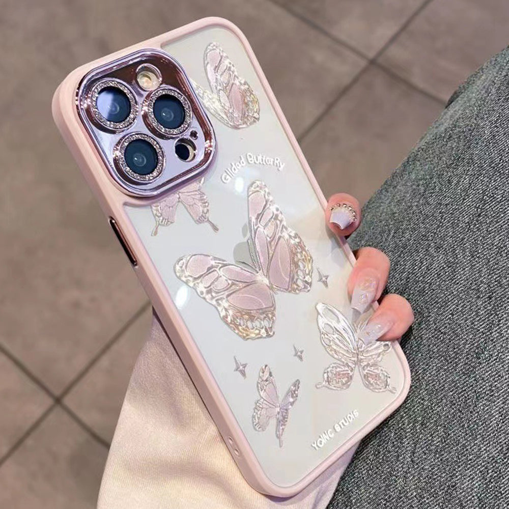 For iPhone 13 Pro Hard Glass Flexible TPU Phone Case Glittery Powder Decor Platinum Butterfly Cover