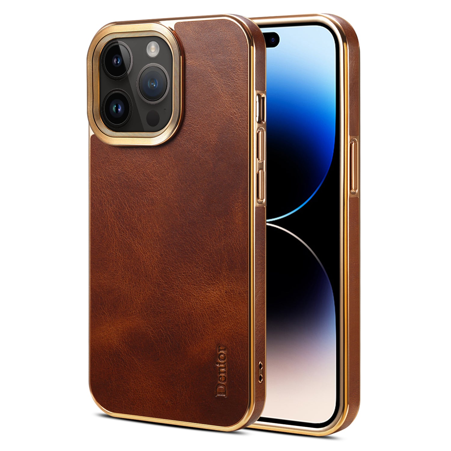 DENIOR For iPhone 14 Pro Electroplating Phone Case Genuine Cow Leather PU Leather PC Waxy Textured Cover