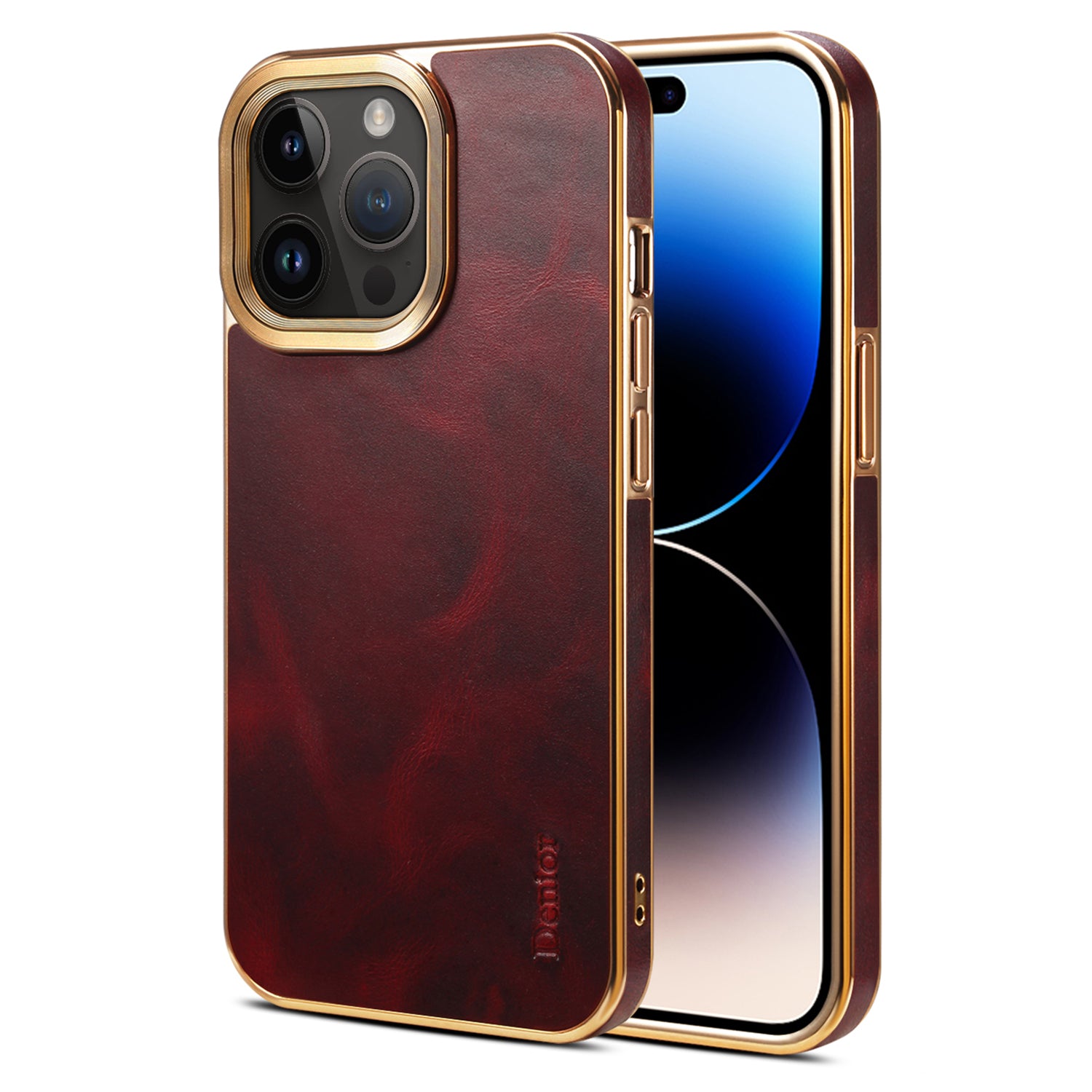 DENIOR For iPhone 14 Pro Electroplating Phone Case Genuine Cow Leather PU Leather PC Waxy Textured Cover