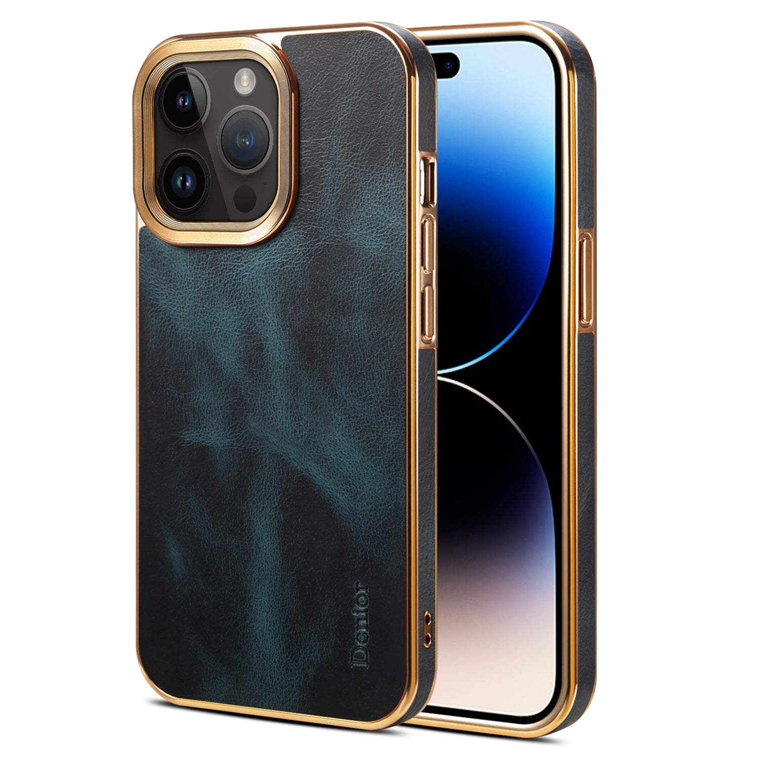 DENIOR For iPhone 14 Pro Electroplating Phone Case Genuine Cow Leather PU Leather PC Waxy Textured Cover