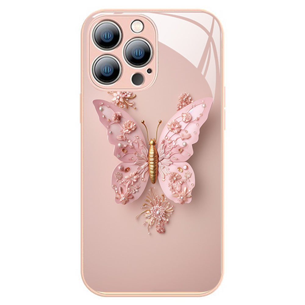 For iPhone 13 Pro 6.1 inch Stylish Butterfly Pattern Phone Case Tempered Glass TPU Anti-scratch Cover