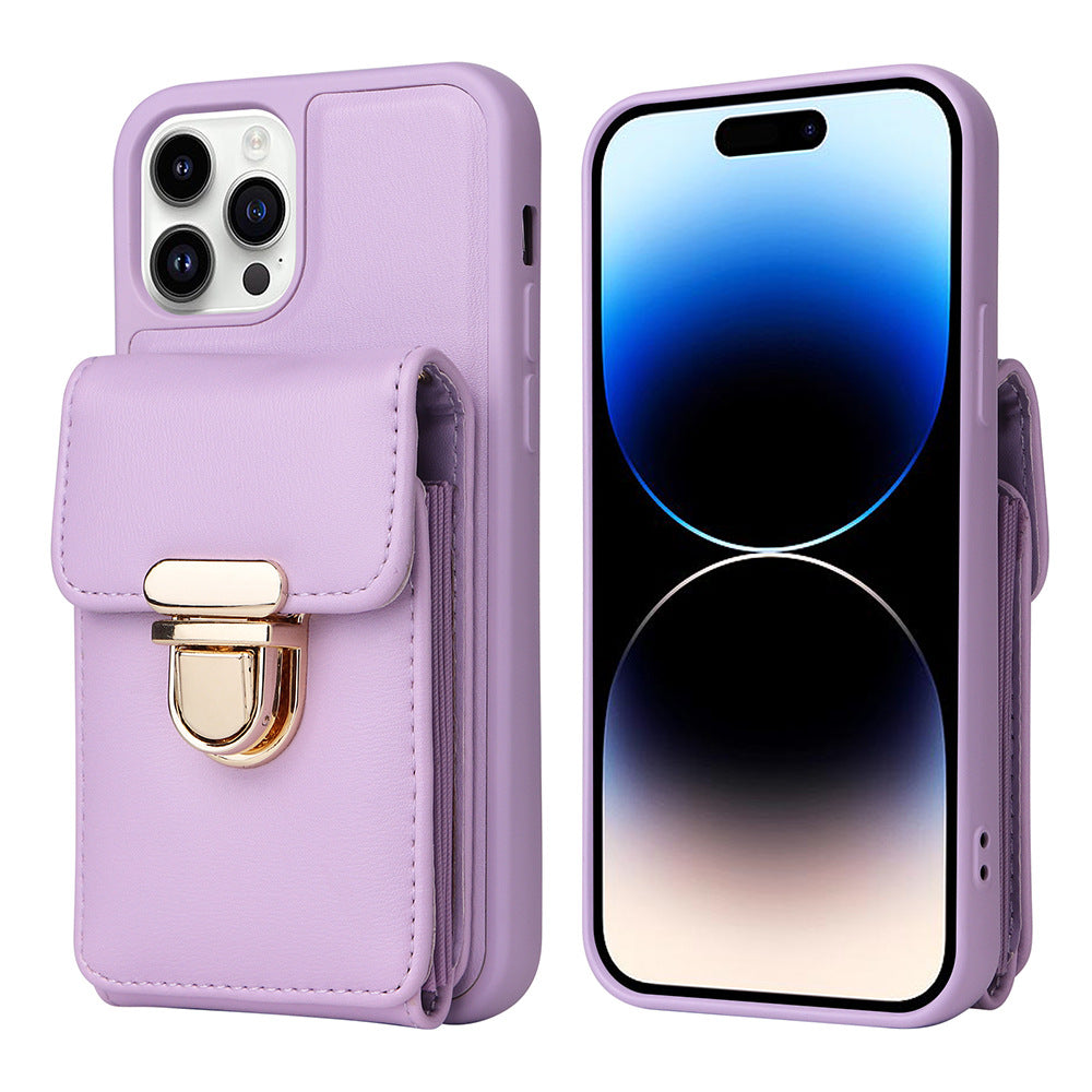 For iPhone 13 Pro Multiple Card Slots Phone Case Kickstand PU Leather Coated TPU Cover with Shoulder Strap