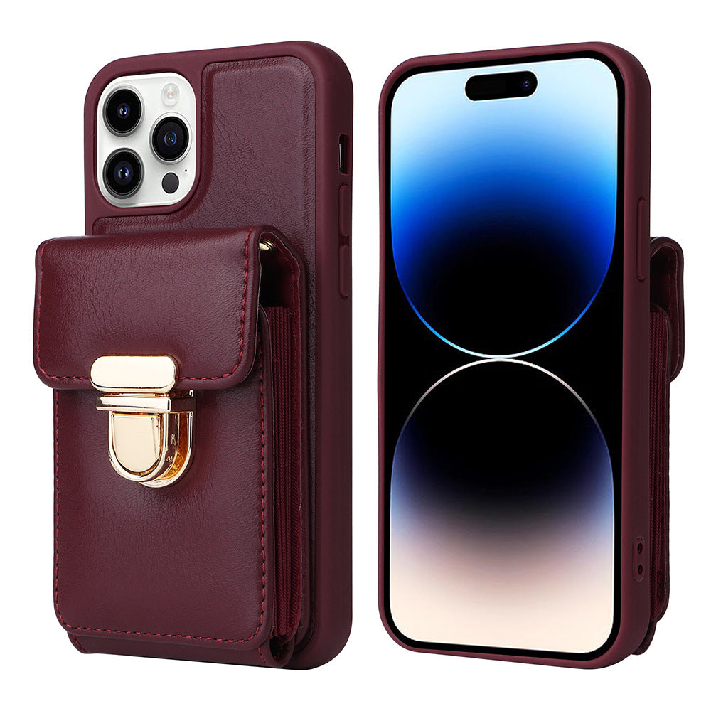 For iPhone 14 Pro Max Kickstand Case Multiple Card Slots PU Leather Coated TPU Phone Cover with Shoulder Strap