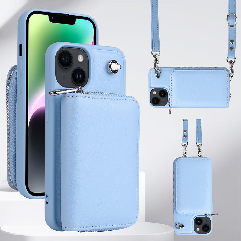 For iPhone 14 Plus Detachable Zipper Card Holder Phone Case Leather TPU Crossbody Phone Bag