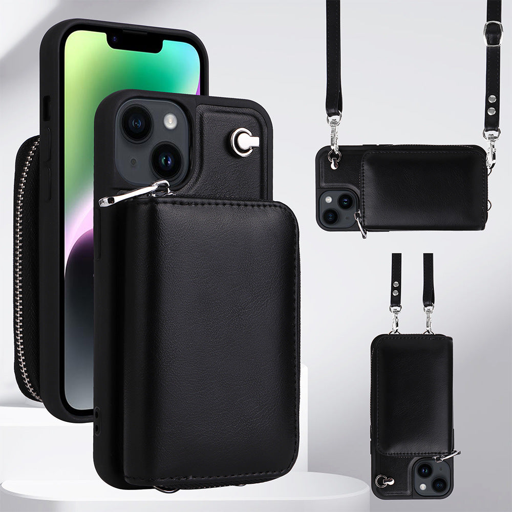 For iPhone 14 Plus Detachable Zipper Card Holder Phone Case Leather TPU Crossbody Phone Bag