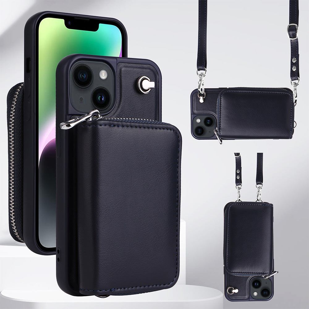 For iPhone 14 Plus Detachable Zipper Card Holder Phone Case Leather TPU Crossbody Phone Bag
