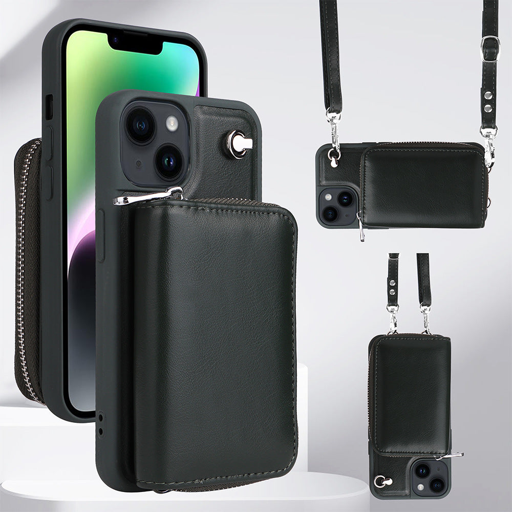 For iPhone 14 Plus Detachable Zipper Card Holder Phone Case Leather TPU Crossbody Phone Bag