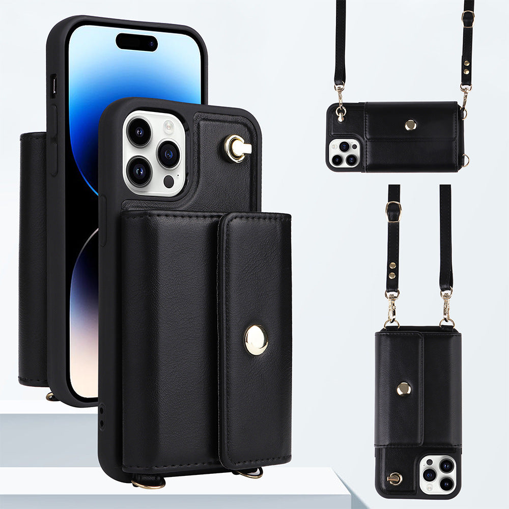 For iPhone 12 Pro 6.1 inch Leather TPU Anti-drop Case Magnetic Button Card Bag Phone Cover with Shoulder Strap