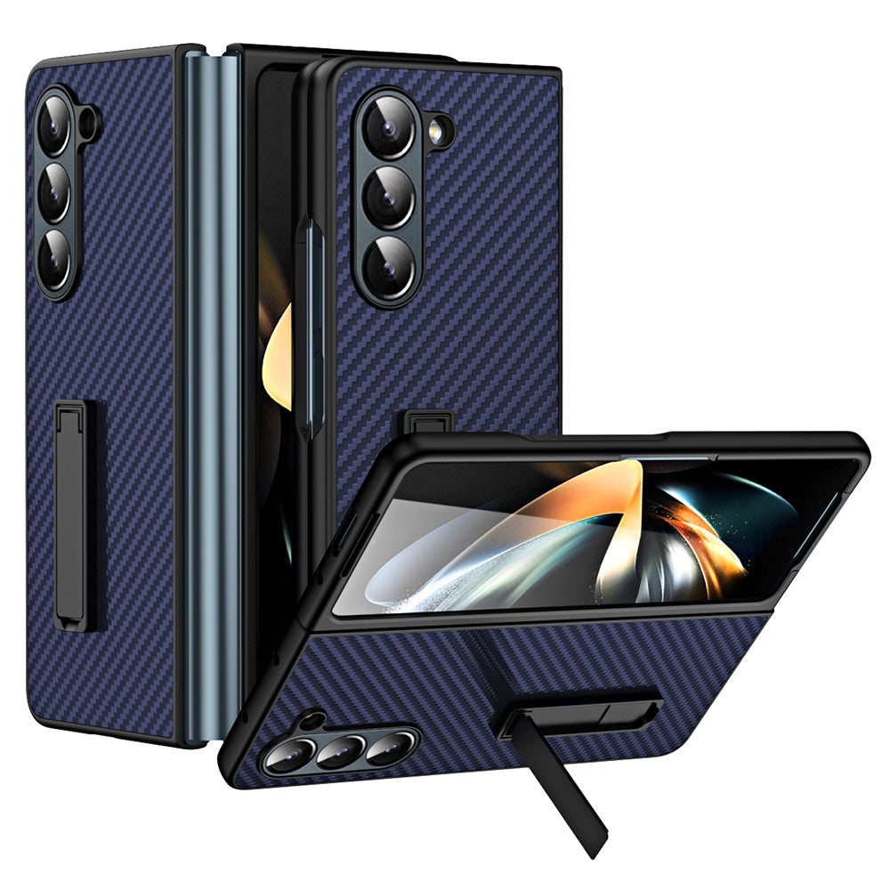 GKK Kickstand Case for Samsung Galaxy Z Fold5 5G Carbon Fiber Texture Hard PC Phone Case with Tempered Glass Screen Film