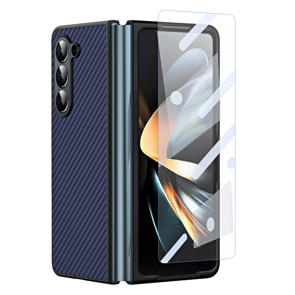 GKK Kickstand Case for Samsung Galaxy Z Fold5 5G Carbon Fiber Texture Hard PC Phone Case with Tempered Glass Screen Film