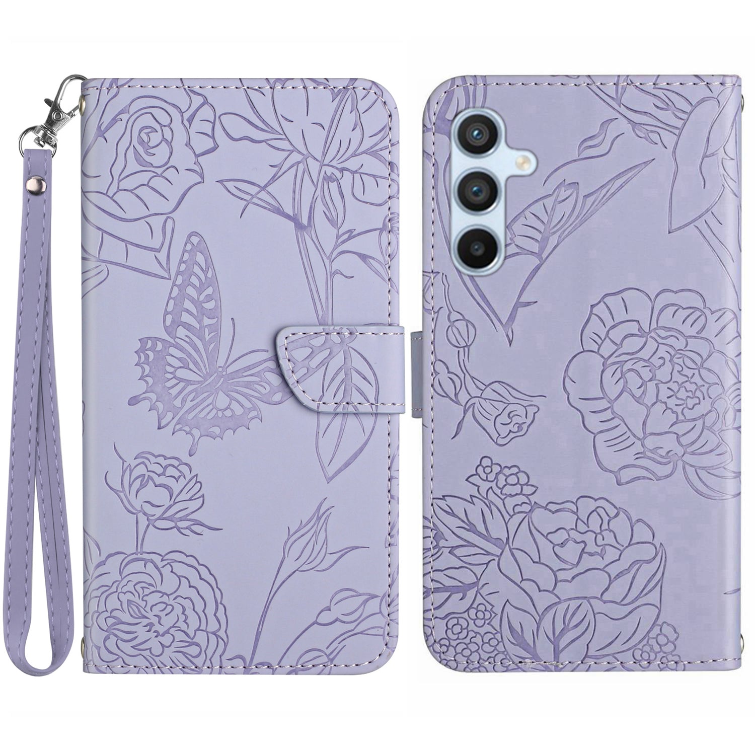 HT03 For Samsung Galaxy S23 FE Skin-touch Leather Case Imprinted Butterfly Flowers Phone Stand Cover with Hand Strap