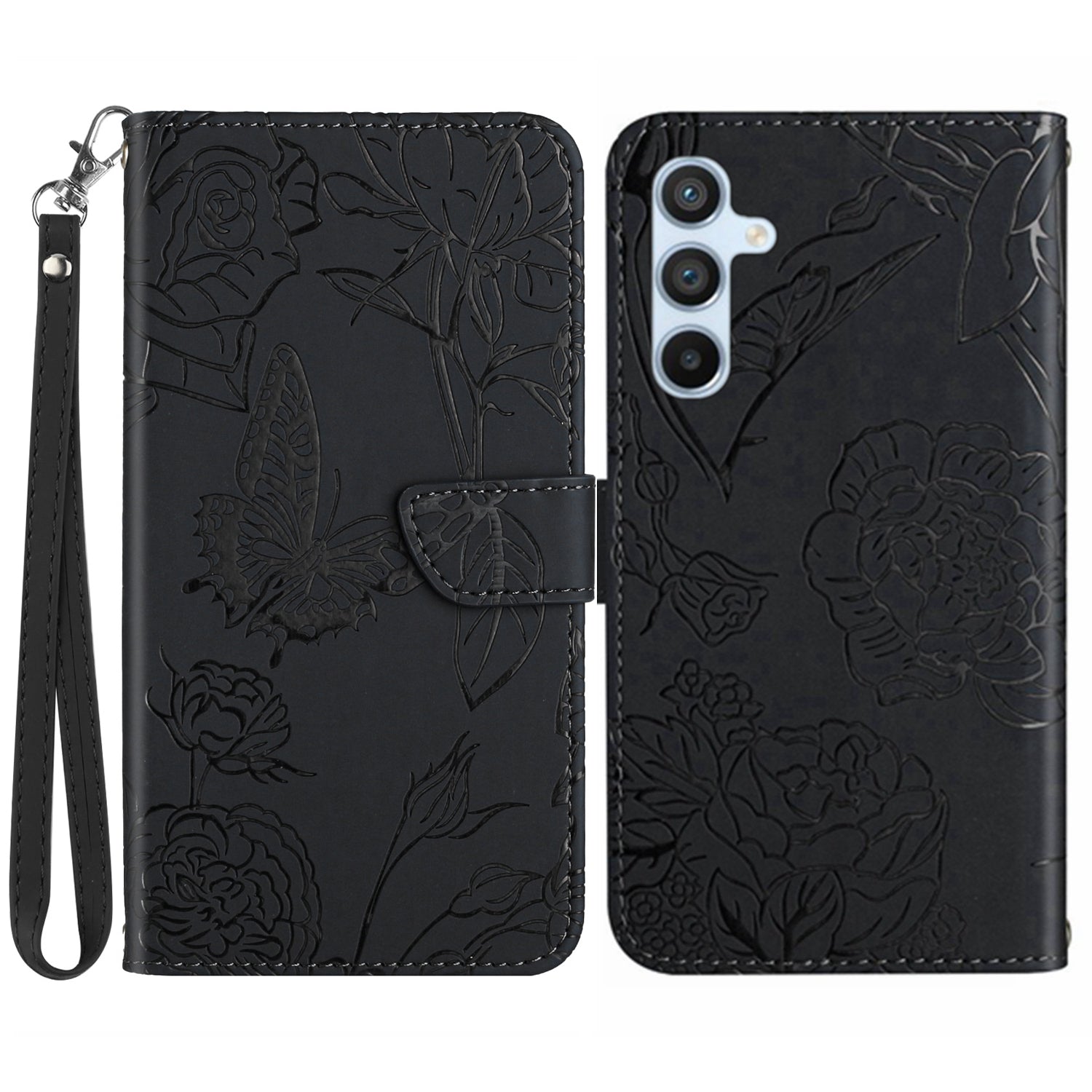 HT03 For Samsung Galaxy S23 FE Skin-touch Leather Case Imprinted Butterfly Flowers Phone Stand Cover with Hand Strap