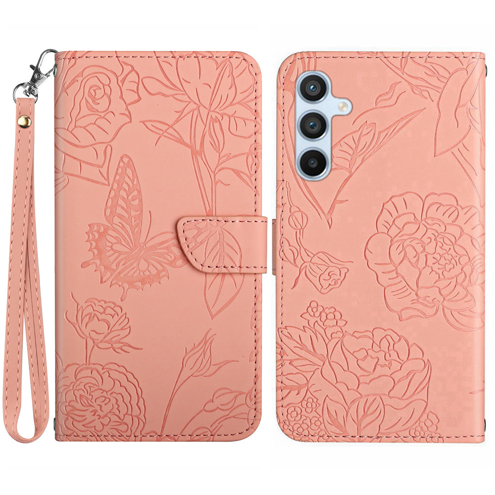 HT03 For Samsung Galaxy S23 FE Skin-touch Leather Case Imprinted Butterfly Flowers Phone Stand Cover with Hand Strap