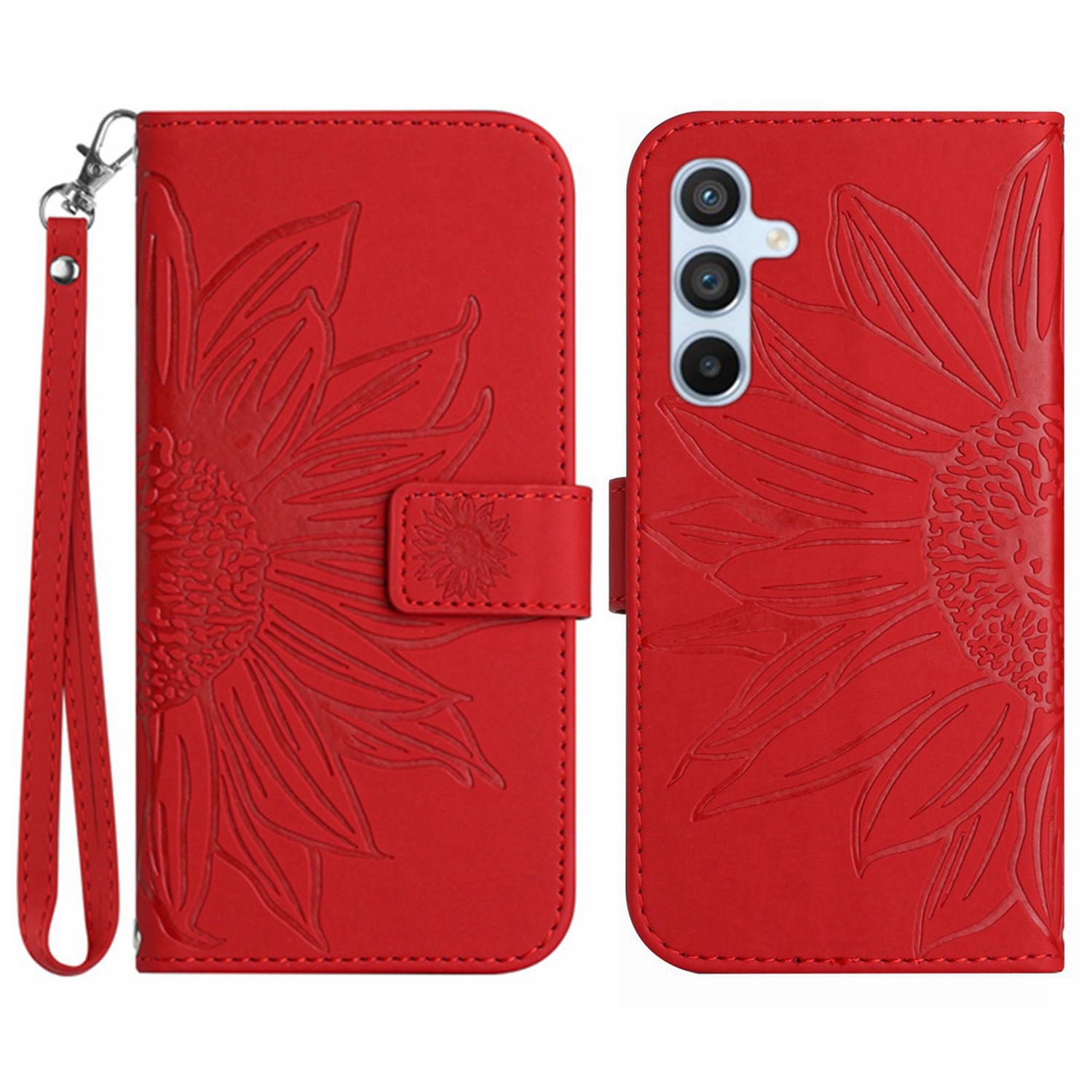 HT04 Leather Phone Case for Samsung Galaxy S23 FE Sunflower Pattern Flip Wallet Stand Cover with Hand Strap